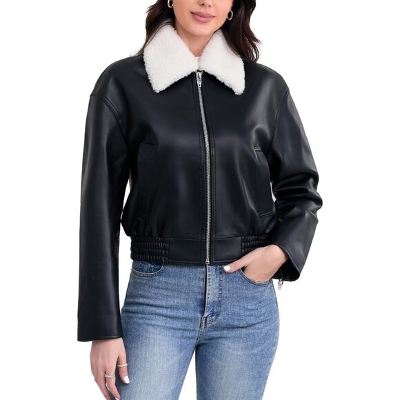 ✨Women Black Cropped Lambskin Bomber Removable Sherpa...